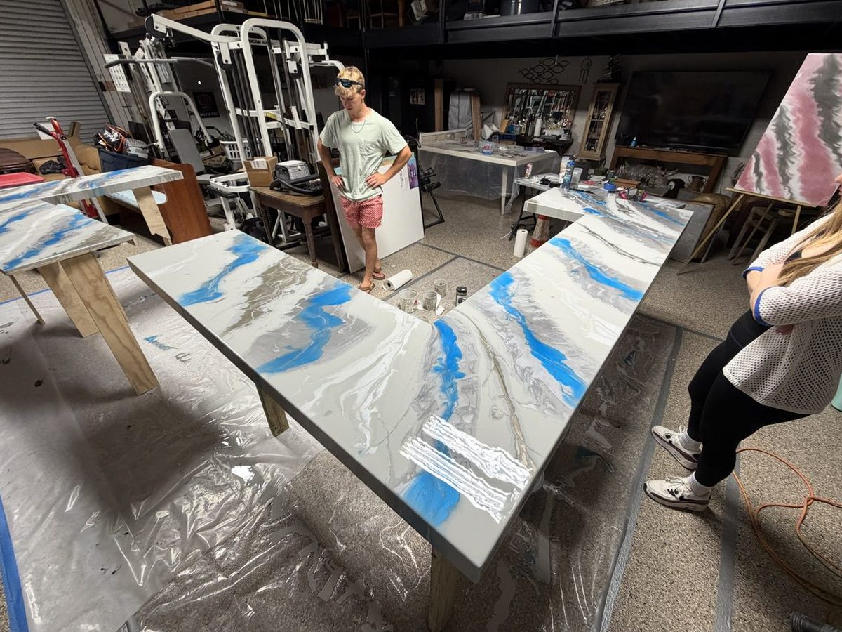 Custom epoxy table tops poured in the shop